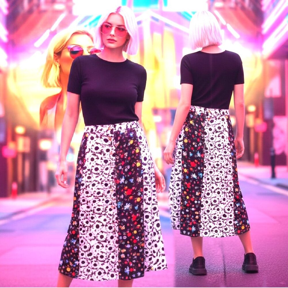 SARA NAVON Boho Patchwork Structured Button Front Midi Skirt Sz L